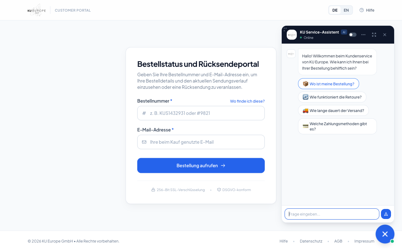 KU Europe Chatbot Willkommensbildschirm