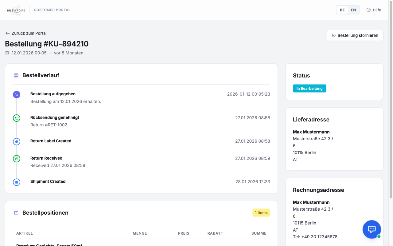 KU Europe Sendungsverfolgung Dashboard